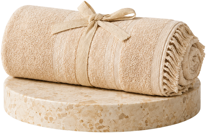 Rolled linen towel on a stone disc